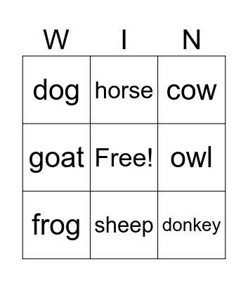 Animal Bingo Card