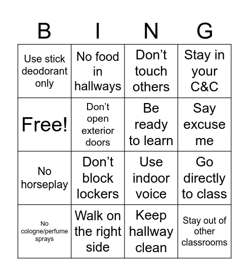 Hallway Etiquette BINGO Card