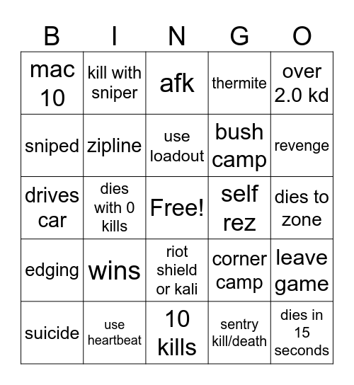 warzone 1.0 bingo Card