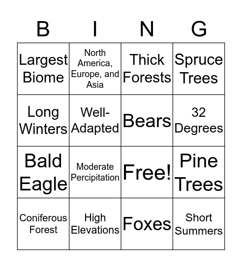 Taiga Bingo Card