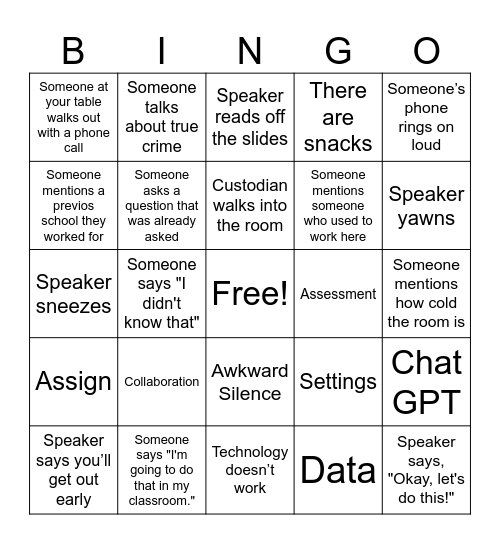 Professional Development Bingo Card