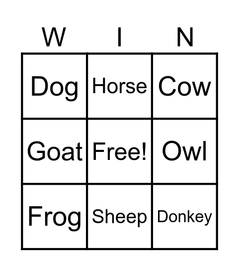 Animal Sound Bingo Card