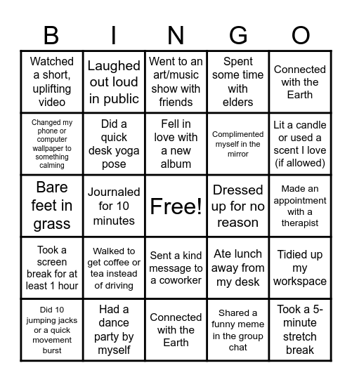 No Burnout Bingo Card