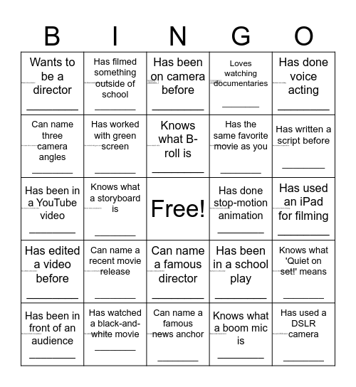 Video Production Bingo Card