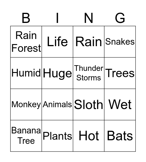 Rain Forest Bingo Card