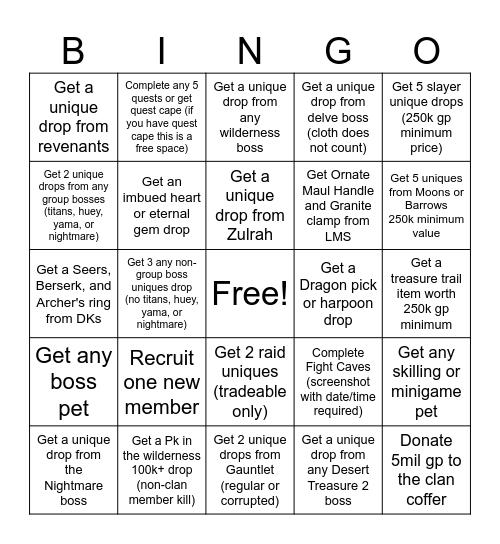 Tyr's Guard Bingo Est. 100+ Combat Bingo Card