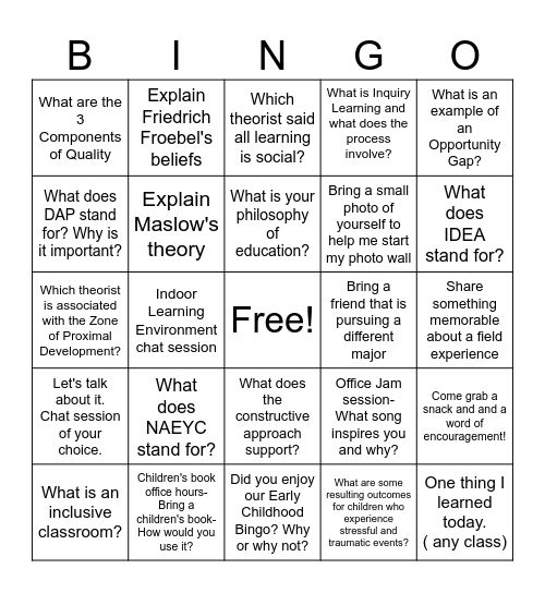 Early Childhood Office Hours Bingo Card