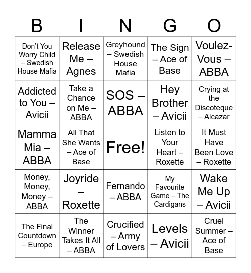 Songs of Sweden Bingo Card