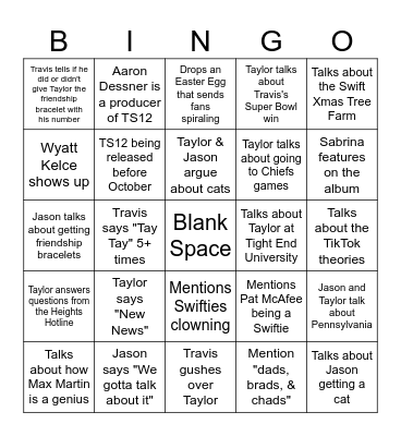 Taylor Swift New Heights Episode Bingo Card