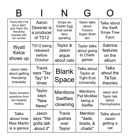 Taylor Swift New Heights Episode Bingo Card