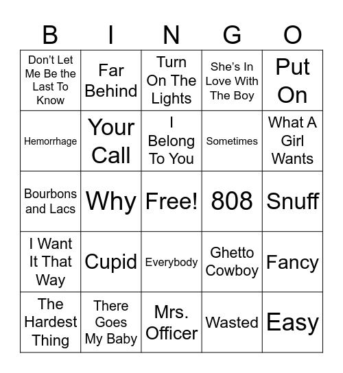 Heathers Hits Bingo Card