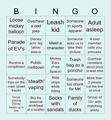 Disney World Bingo Card