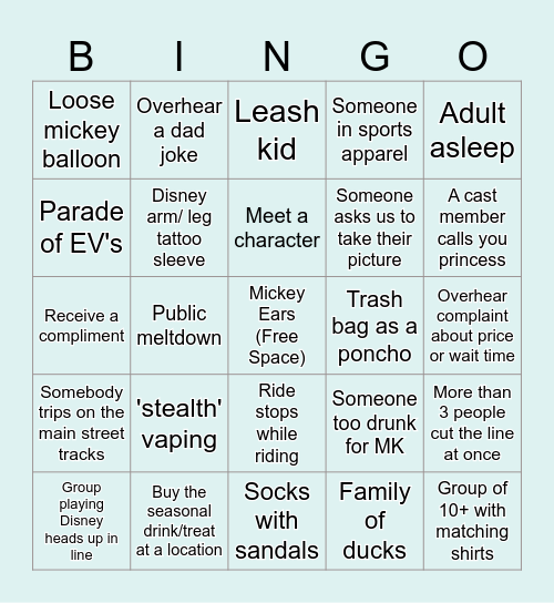 Disney World Bingo Card