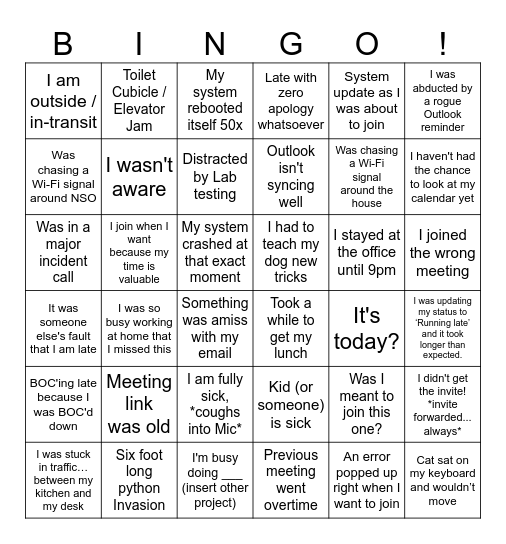 Excuses for being late Bingo Card