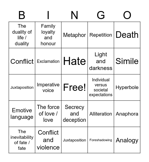 Romeo and Juliet - Themes and Techniques Bingo Card