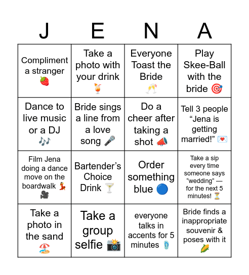Jena's Last Fling Before the Ring Bingo Card