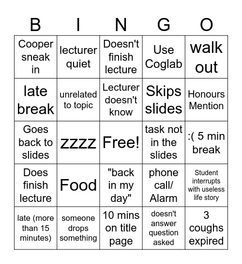 Lecture Bingo Card