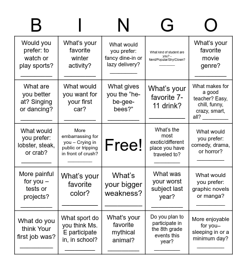 About YOU! Bingo Card