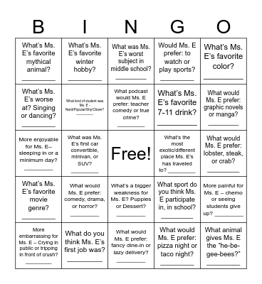 About Ms. E (Edmonds) Bingo Card