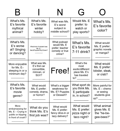 About Ms. E (Edmonds) Bingo Card