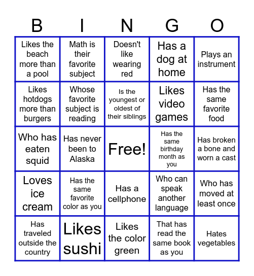 GET TO KNOW YOU BINGO - Find someone who... Bingo Card