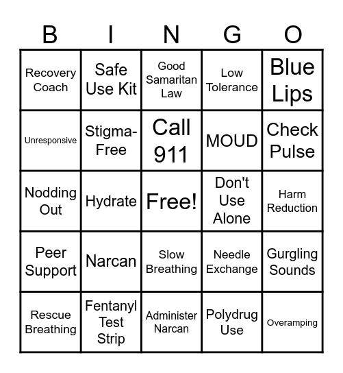 Balsam Place Overdose Prevention Bingo Card