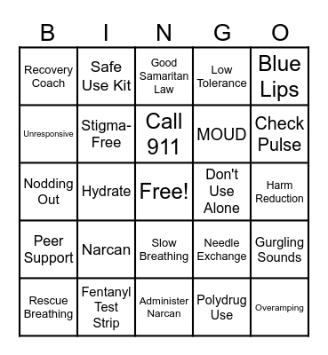 Overdose Prevention Bingo Card