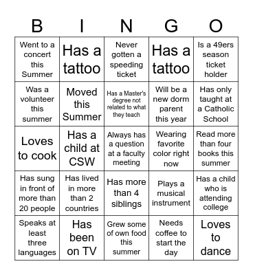 Faculty-Staff Bingo (Find someone who...) Bingo Card