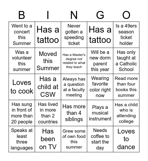Faculty-Staff Bingo (Find someone who...) Bingo Card