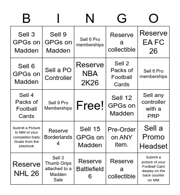 Madden NFL 265 Bingo Card