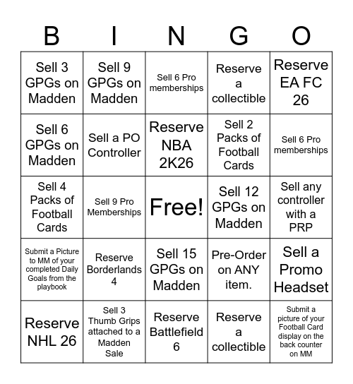 Madden NFL 265 Bingo Card