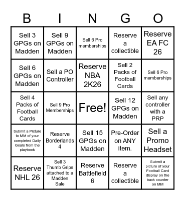 Madden NFL 26 Release Bingo Card