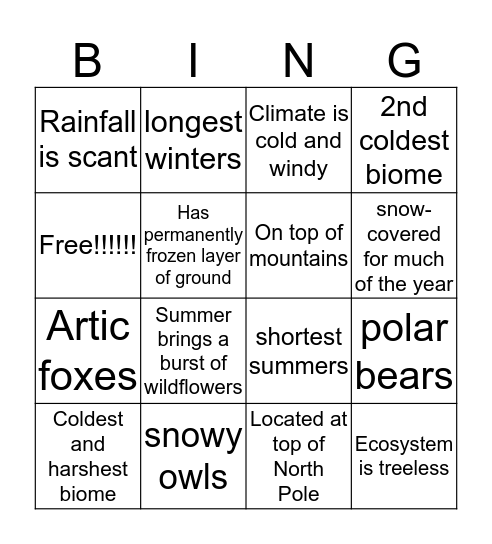 Tundra Bingo Card