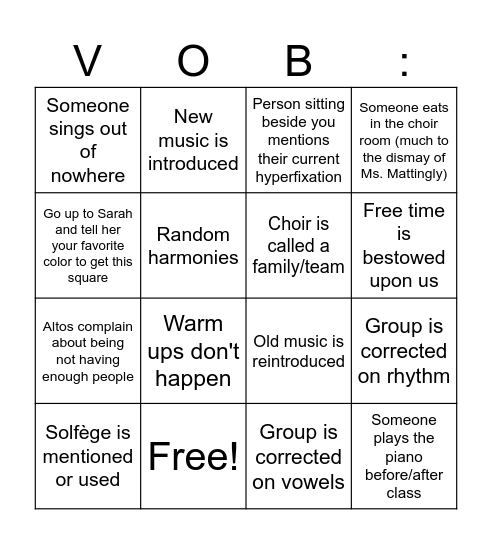 Choir Bingo Card