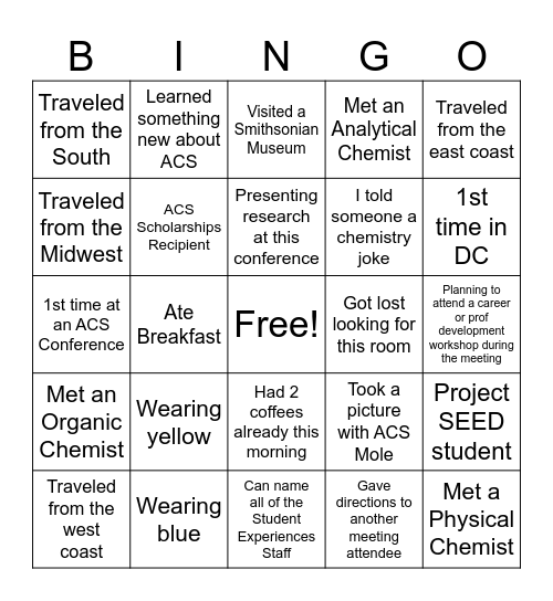 Student Experiences Bingo Card