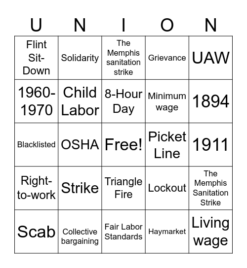 Labor Union Bingo Card