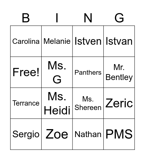 Our Class Bingo Card
