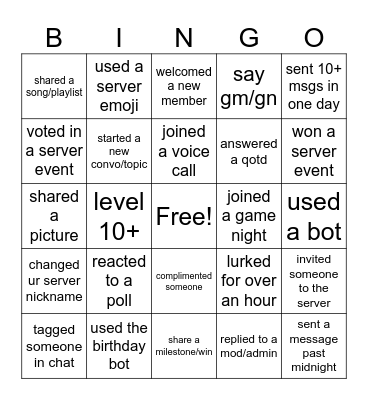 server engagement bingo Card