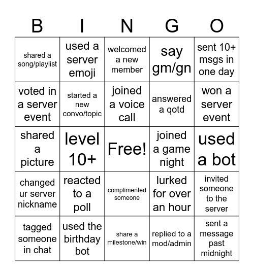 server engagement bingo Card
