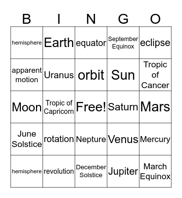 Science Vocabulary Bingo Card