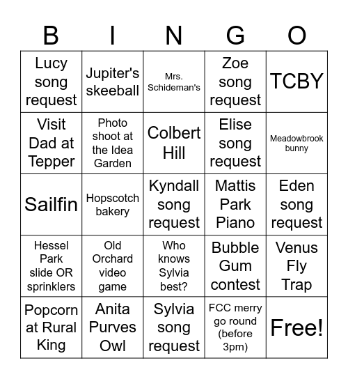 SYLVIA Bingo Card