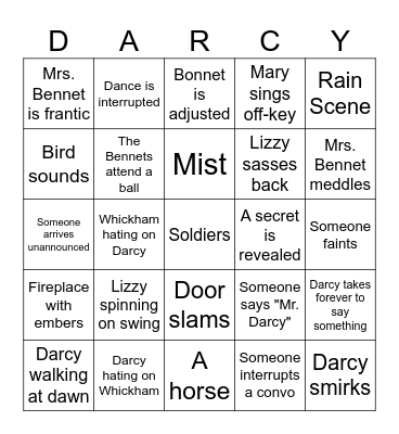 Pride & Prejudice Bingo Card