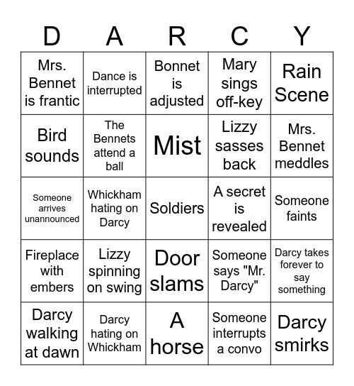 Pride & Prejudice Bingo Card