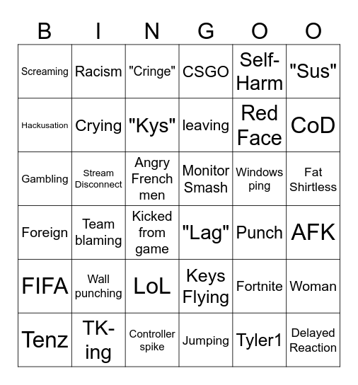 Gamer Rage Bingo Card