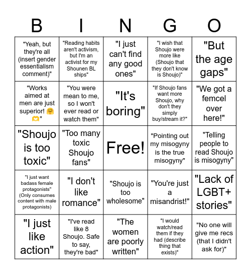 Why I don't read/watch Shoujo Bingo Card