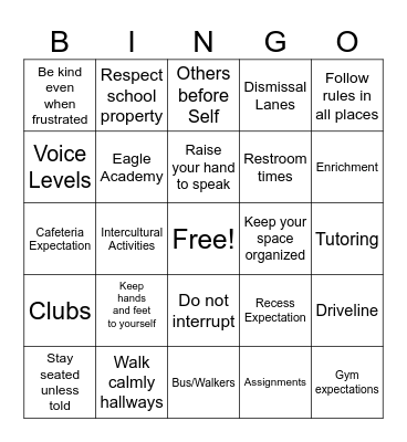 School Procedures Bingo Card