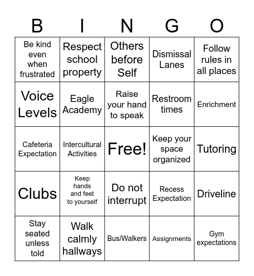 School Procedures Bingo Card
