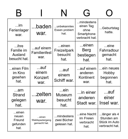 Finde eine Person, die in den Ferien... Bingo Card
