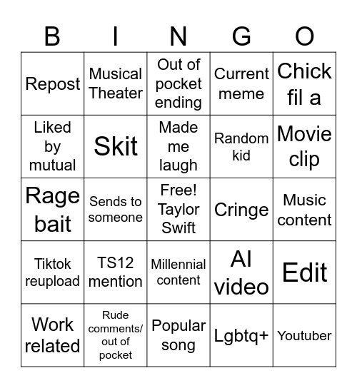 Instagram Reels Bingo Card