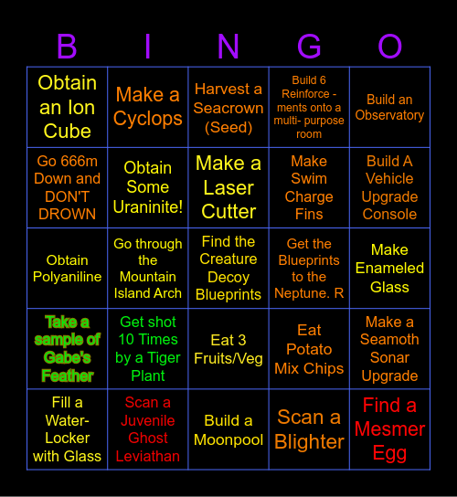 Subnautica Bingo Card